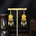 Ethnic golden floral hollow earrings with delicate tassel drops on display stand - E6091-7 Flower Tassel Teardrop Dangle