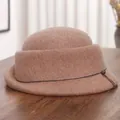 French vintage brown wool felt beret with curled brim and delicate metal chain detail - M (56-58cm) / Mixed Camel