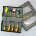 4-piece golden stainless steel Christmas spoon set with festive silicone cartoon charms - Gold Machine Polished - 4 Spoons Green Box