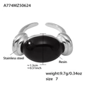 Oval black resin ring with silver stainless steel band in candy color style size 7 - Size 7 (Opening) / Steel Color Black (A774)