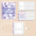 Lila Sparbuch für 100-Umschläge-Herausforderung mit dekorativem Kirschblüten-Cover - Transparentes A5 Gehäuse-Violetter Clip+Violette Karte+25 Hüllen