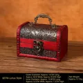 Vintage red and black wooden jewelry box with golden lotus relief and bronze lock - Lotus Handle Style - Lockless