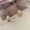 Detailed close-up of tulip-shaped pearl earrings with gold-tone accents and pink petals - Pink Tulip Pearl French Retro Earring (A48)