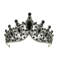 Gothic silver tiara crown with black marquise gems and intricate hollow carvings - Standard Antique Silver Black Rhinestone Crown