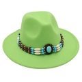 Detail of ethnic beaded band with turquoise stone on green felt fedora jazz hat - One Size / Fruit Green