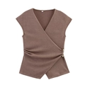 Brown knit sleeveless V-neck top with gold buckle detail and fine ribbed texture - S / Brown Top