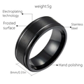Close-up of 8mm black brushed stainless steel wedding ring with dimensions and specs - 8mm / US 7 / Black