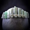 Detailed view of green crystal shards hand-wrapped with silver wire on a crown headband - Amazonite Silver Wire Silver Flat Headband