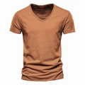Close-up of brown V-neck T-shirt showing breathable slub cotton texture and fine stitching - S / V-Neck / Turmeric