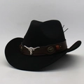 Black felt cowboy hat with brown leather band and silver longhorn bull head accessory - One Size (56-60cm) / Black