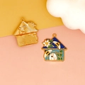 Detailed front and back view of a gold-plated bee house enamel pendant for DIY jewelry - 6 Blue Bee House