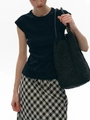 Detail of a slim fit black short sleeve T-shirt with a textured woven tote bag - XS / Dark Black
