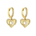 Detail of golden heart dangle hoop earrings with crystal pavé and wing relief texture - Gold Heart With Wings 1 Pair
