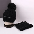 Winter set with black glitter knitted hat, faux fur pompom, and matching neck warmer - Black Shiny Silk Embroidered Knit Hat and Scarf Set