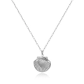 Detailed view of silver shell locket necklace with ribbed texture and opening hinge - Silver