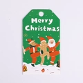 Green Christmas gift tag featuring Santa, gingerbread man, and reindeer illustration - Dancing Santa (White Card)