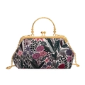 Elegant Chinese style handbag with floral embroidery and golden metal chain strap - Purple
