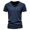 Men's V-neck slub cotton short sleeve T-shirt in navy blue with textured fabric finish - S / V-Neck / Navy Blue