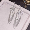 Silver butterfly earrings with long tassels and teardrop pearls for evening parties - Silver Butterfly Frame Pearl Tassel (449)
