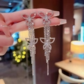 Sparkling silver butterfly tassel earrings featuring white crystal stones and long fringe - E0024 Silver Needle (Hollow Double Butterfly Long Tassel Silver)