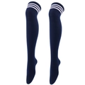 Dark blue over-knee high socks with three white stripes in classic athletic style - One Size / Navy with White Stripes