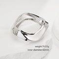 Detailed view of irregular criss-cross open silver bangle with size and weight specs - Polished Silver Streamlined Bracelet (SL231) / Silver