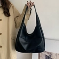 Minimalist large black tote bag in smooth PU leather for daily commute and students - Black