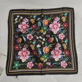 Bohemian style square silk scarf with multi-colored floral print on black background - Black Floral Small Square Scarf / 65