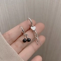 Asymmetric silver earrings with black cherry and heart chain dangle charms - Heart and Cherry Asymmetric Pendant (E4234)