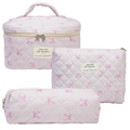 Pink quilted cotton toiletry bag set with bow pattern including large pouch and small pencil case - Little Pink Bow