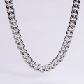 Close-up of polished stainless steel Cuban link necklace with flat interlocking chain links - 8mm Steel Color