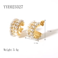 18K gold-plated C-shaped earrings with inlaid pearls and sparkling crystals, 12.3mm - Densely Inlaid Pearl and Rhinestone C-Shape Style (YYE023327) / Gold