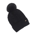 Détail du bonnet en tricot noir avec motif torsadé, pompon et breloque feuille dorée - Taille unique / Noir