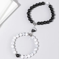 Magnetic couple bracelet set with matte black and marble beads featuring a heart clasp - Matte Black & Marble Stone - Magnetic Heart - Elastic Rope