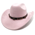 Detail of pink faux suede cowboy hat featuring leather band and ox head metal buckle - M (56-58cm) / Deep Pink