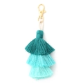 Boho handmade three-tier tassel keychain in gradient turquoise with gold lobster clasp - Green