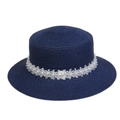 Navy blue straw boater hat with white lace ribbon and faux pearl embellishments - Pearl Lace Decor Band Style (302G)