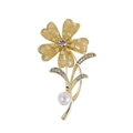 Elegant gold flower brooch with yellow faceted gems and a hanging white pearl - Yellow