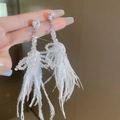 Elegant white faux feather tassel earrings with sparkling crystals and silver needles - Silver Zircon Tassel Beaded Feather Style (14# Silver Earring Post-Silver-White)