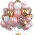 12-inch party balloon set with gold, white, and rose gold confetti balloons bundled together - Rose Gold, White, Rose Gold Confetti, Gold and Ribbon Combination