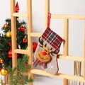 Christmas burlap stocking with a 3D cartoon reindeer and red-green plaid cuff - Small Linen Sock Reindeer