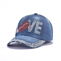 Dark blue denim baseball cap with rhinestone LOVE text and red lip design - 55-Love Lips-Medium Blue