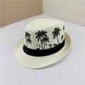 Detail of straw fedora hat featuring black palm tree prints and a woven ribbon band - M (56-58cm) / Large Palm Tree Milk White