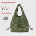 Green rhinestone bucket bag with sparkling crystals and silver chain shoulder strap - Green