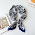 Elegant 70cm silk scarf with white and blue rose pattern tied in a stylish neck knot - White and Navy Small Roses