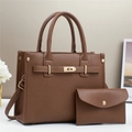 Close-up of deep brown lychee grain leather tote bag set with golden hardware details - Coffee