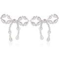 Elegant white pearl bow earrings with dangling teardrop pearls in a symmetrical design - ZW1812 Gold Bow Tassel