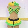 Handmade crochet three-piece bikini set with yellow green black wave pattern - Adult Free Size / Yellow Green Black (Hat, Top, Skirt)