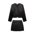 Elegante zwarte satijnen kerstset met strikdetail bovenstuk en bijpassende rok - XS / Zwart