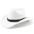 Détail d'un chapeau de cow-boy blanc avec une bande en cuir tressé noir sur fond blanc - M (56-58cm) / Blanc pur
